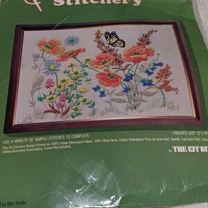 Vintage Quick’n Easy Stitchery Kit Butterfly Garden Flowers MCM Cottagecore